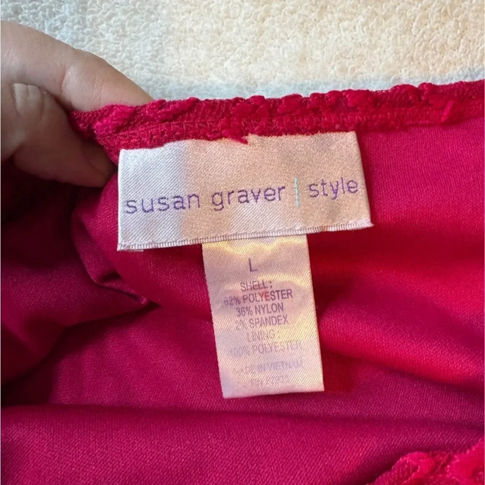 Susan Graver Vibrant Cranberry Red Two Layer Lace Top Set, Women’s Large